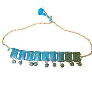 Vintage Bohemian Blue & Gold Gypsy Choker Necklace With Beaded Pendants